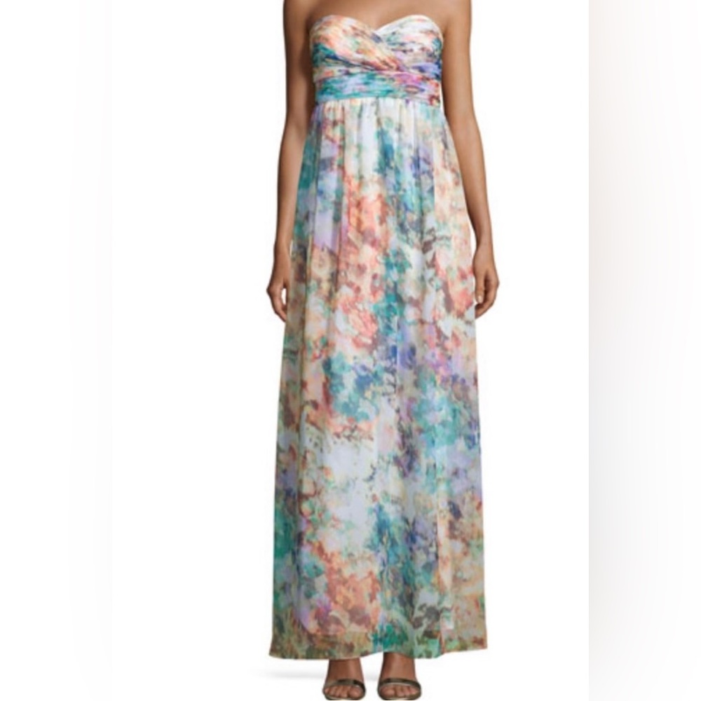 Aidan Maddox Strapless Sweetheart Pleated Watercolor Chiffon Dress Gown Formal 8 - Picture 4 of 16